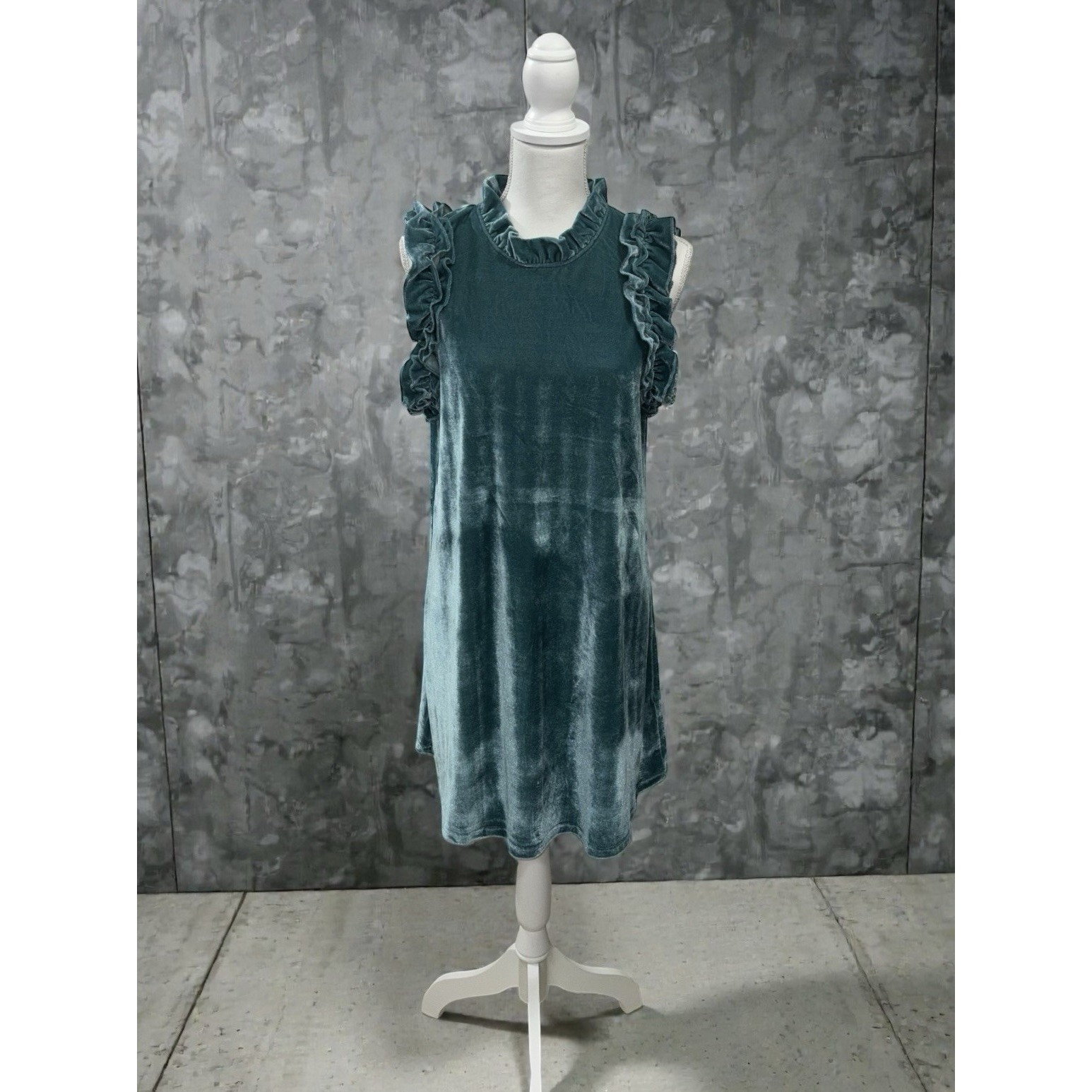 Tcec Teal Green L Velvet Mini Dress Ruffle Cap Sleeve High Neck Babydoll Party